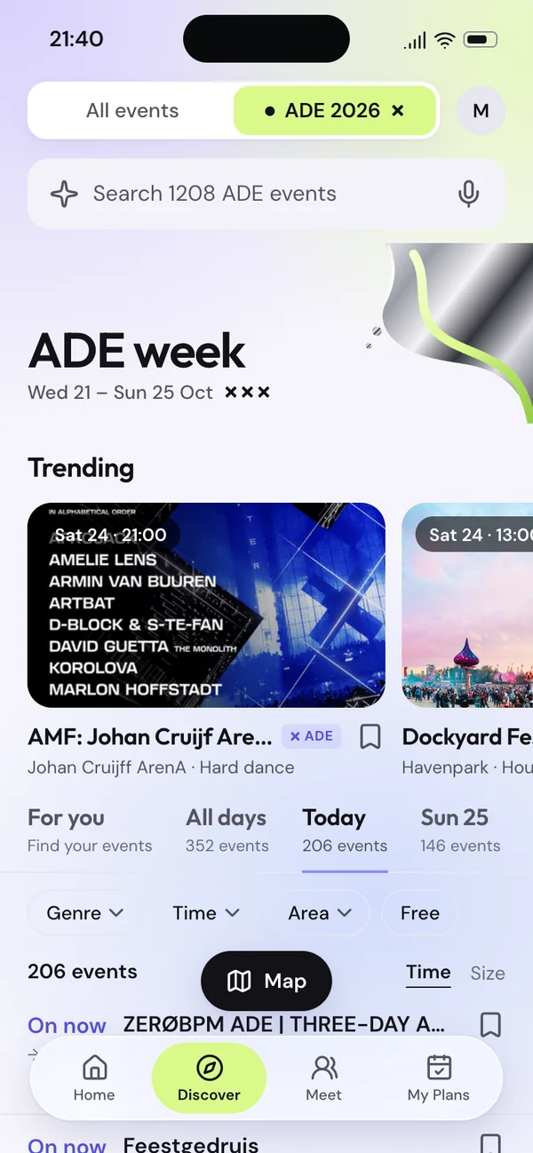 OutThere Discover screen with event listings, genre filters and a map