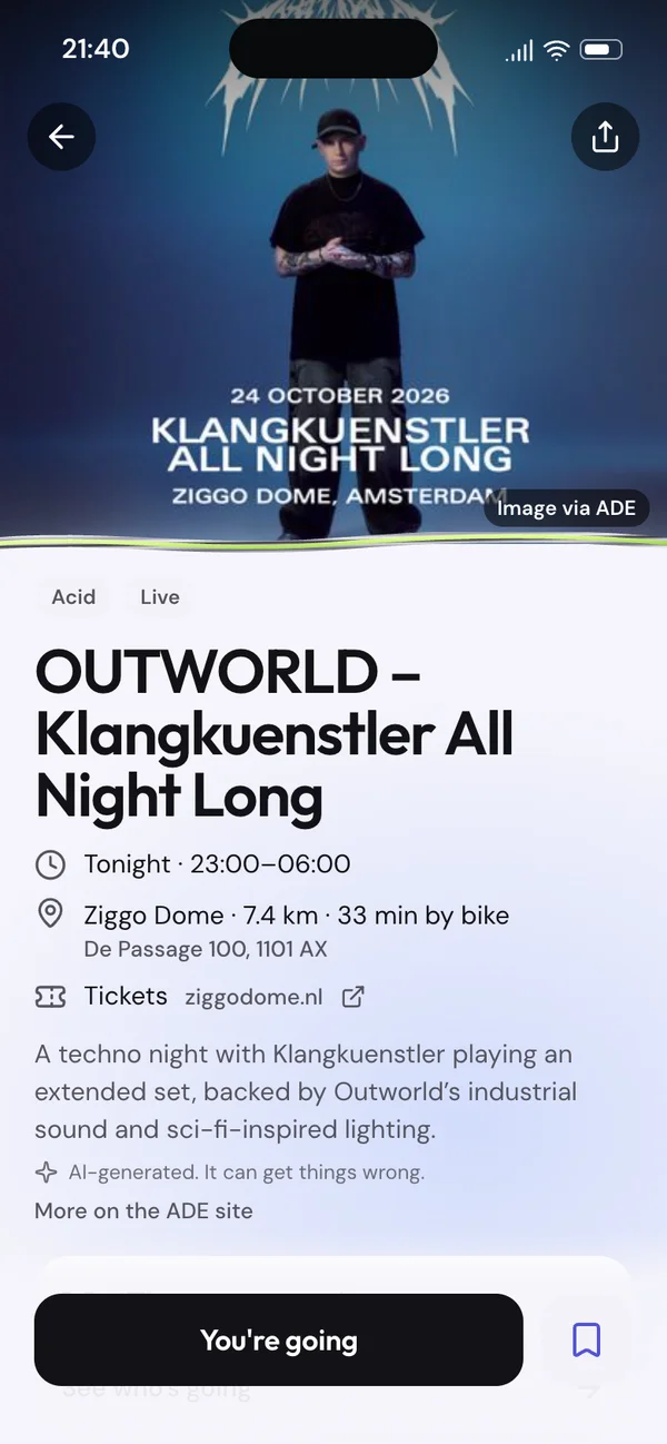 OutThere event page with event details, directions and a going button