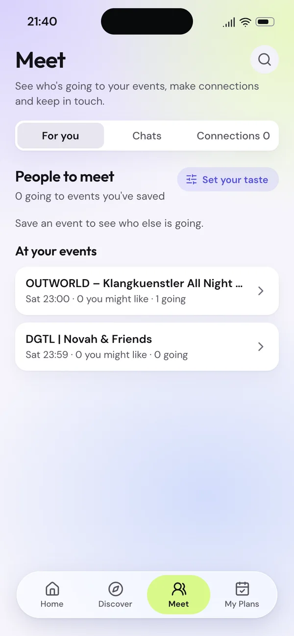 Meet screen showing saved events and the option to find people with shared tastes
