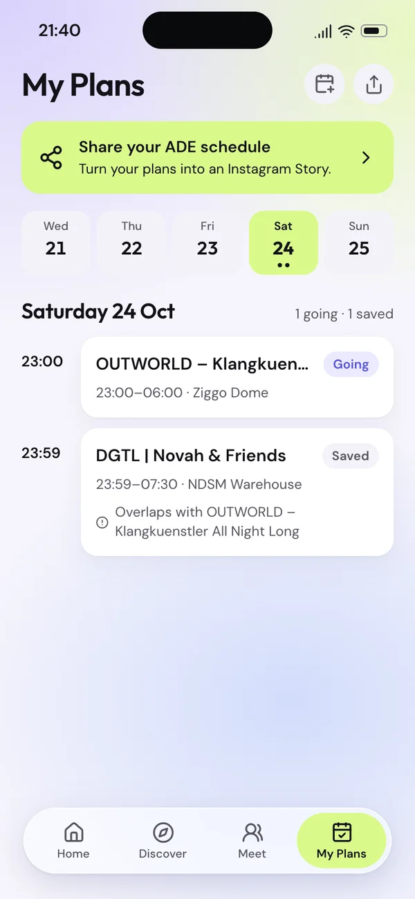 My Plans screen with saved events, a daily schedule and a share option